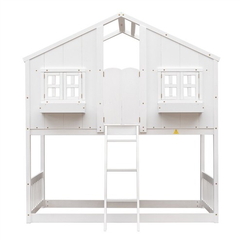 Twin over Twin House Bunk Bed with Roof Safety Guardrails &Ladder for Kids White - Picture 19 of 21