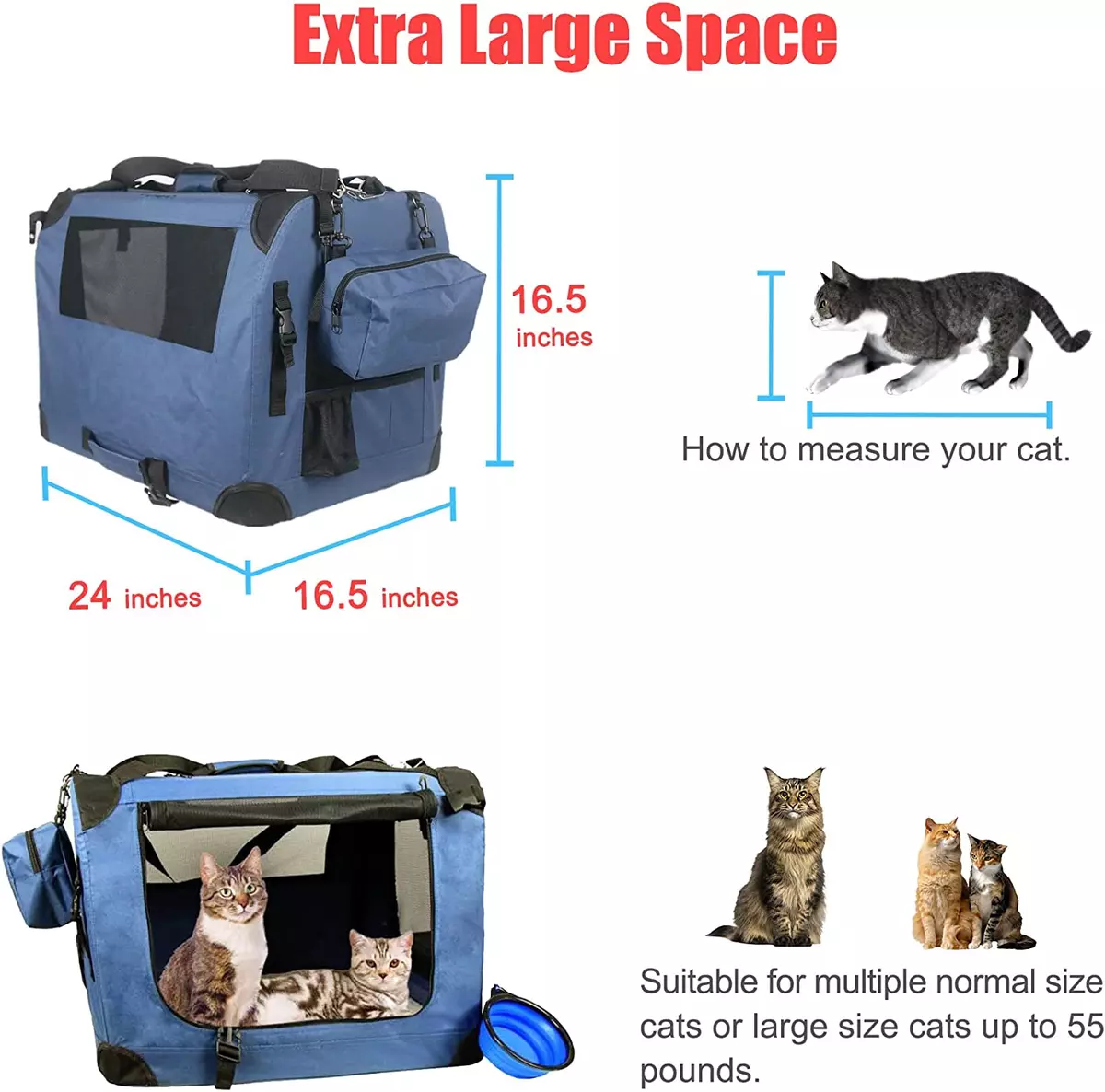 Prutapet Large Cat Carrier 24X16.5X16.5 Soft-Sided Portable Pet Crate  for Car