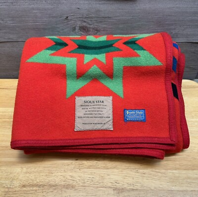 Pendleton Beaver State Sioux Star Wool Blanket Red Green Size 63