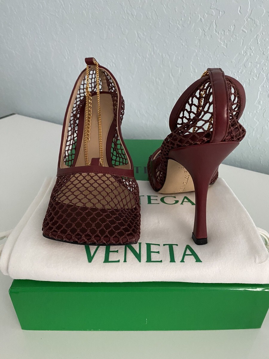 Bottega Veneta Stretch Sandal Web Cherry Red Heels With Gold Bottega Veneta Stretch Sandal Web Cherry Red Heels With Gold