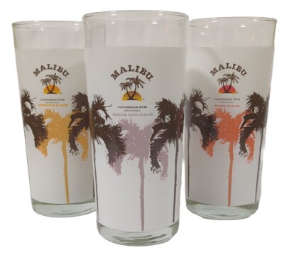 Malibu Tumbler Cooler Drinking Glassware Tiki Bar With Palm Trees 14oz Set Of 3