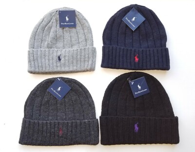 NWT POLO Ralph Lauren HAT Lambswool beanie black navy blue gray