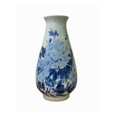 Asian Peony Flower Painter Prosperity and Wealth Blue White Porcelain Vase n599
