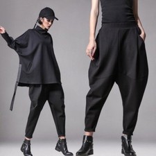 Lady Harem Pants Loose Trousers Elastic Waist Drop Crotch Baggy Long Black Soft