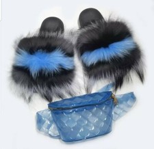 Women Real Fur Slides Slippers With Matching Fanny Pack Bag