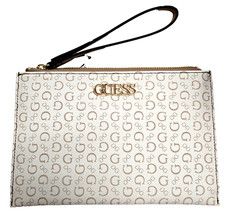 GUESS ARTEMIS POWDER,BEIGE SIGNATURE LOGO PVC,GOLD ZIPPER,WRISTLET,CLUTCH,WALLET