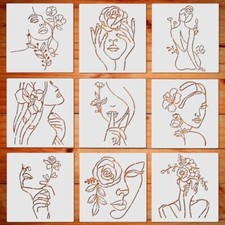 9PCS 11.8x11.8in Women Floral Face Stencil Reusable Abstract Painting Stencils