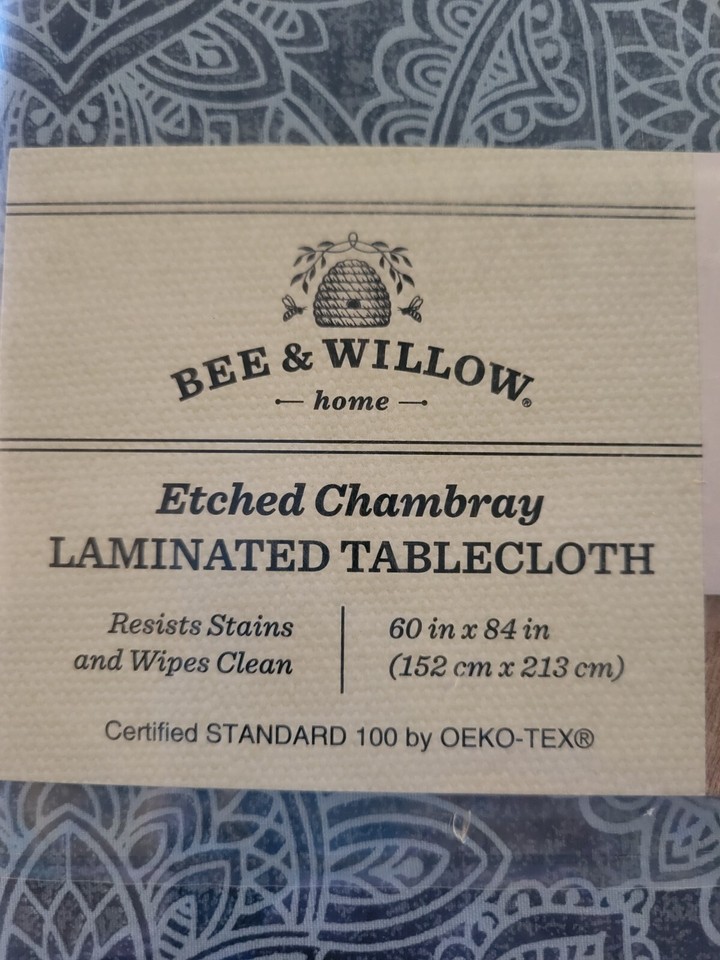 Bee & Willow Laminated Fabric Tablecloth 60 x 84" Rectangle Blue Etched