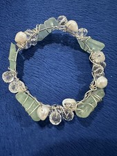Handmade Light Green Sea Glass Pearl Crystal Hand Wrapped Bracelet, 8.5 , 59.3g