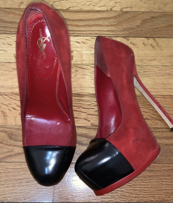 YSL Yves Saint Laurent TRIBTOO 105 Cappuccio in pelle scamosciata rosso nero 37 5 piastra