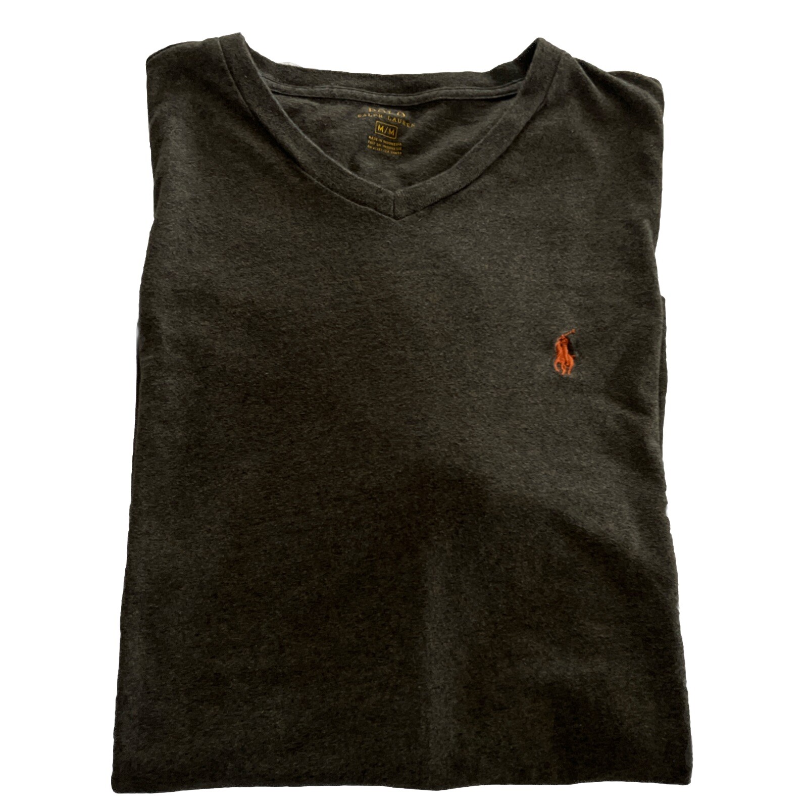 PONY Polo Ralph Lauren verde oliva maglietta scollo a V uomo con frangia arancione taglia M