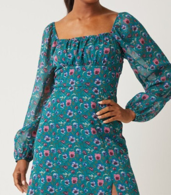 Francescas Milkmaid Midi Dress Small Green Floral Cottagecore Empire Waist