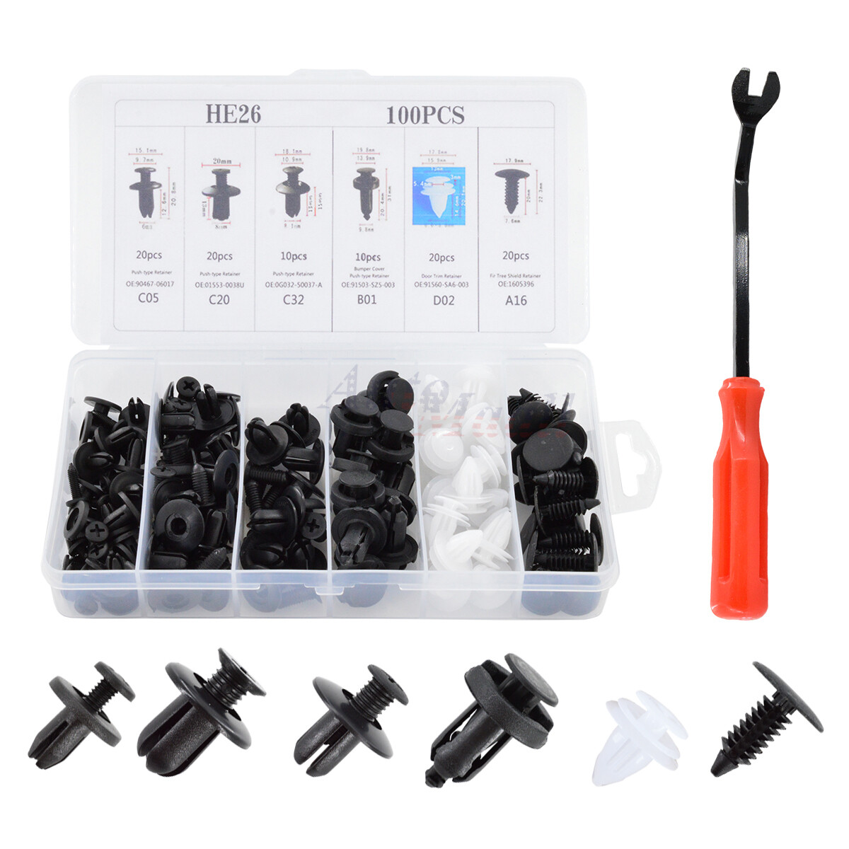 100 Auto Car Door Fender Push Plastic Rivet Retainer Clip Fastener w/ Case +Tool