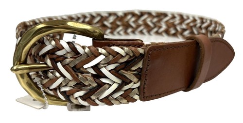 Fossil Brown Leather Braided Tooled Brass Studded Wide Belt 