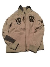 Love Stitch Embroidery Zip Up Hooded Khaki Brown Jacket 100% Cotton Size M