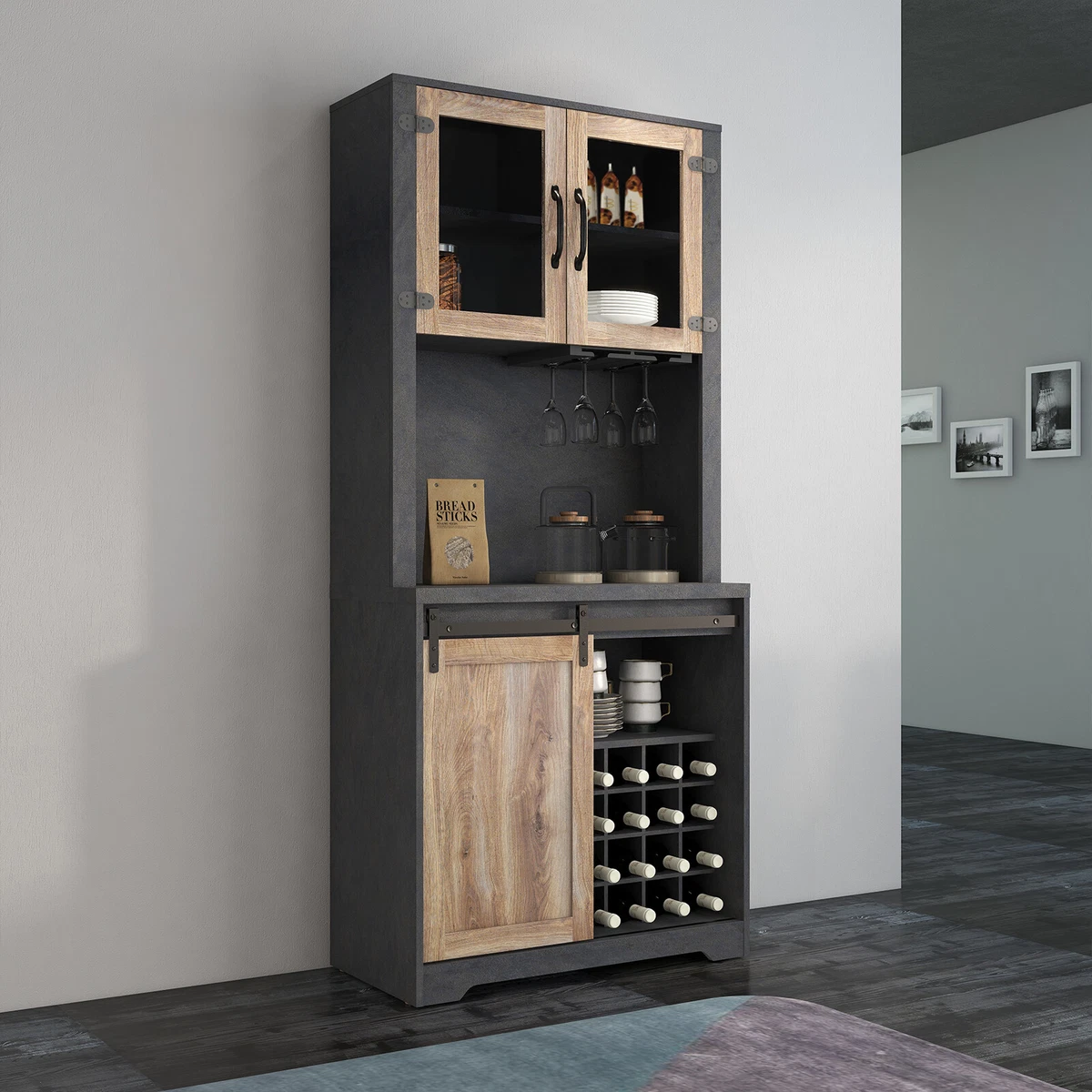 Tall Liquor Cabinet Corner Home Bar Pantry Cabinet with Wine Rack