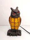 Vtg Owl Red Jewled Eyes Art Nouveau Tiffany Style Stained Glass Decorative Lamp