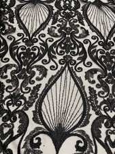 Black Beaded Lace Fabric on Mesh – Luxury Sequin Embroidered Fabric