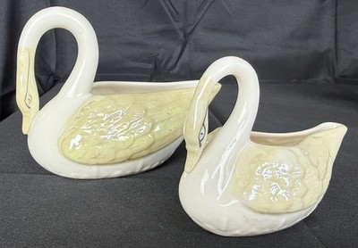 Pair of Belleek Irish Porcelain Figural Swans Hand Painted Luster Ware Glazes