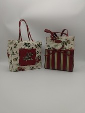 2 Vintage LONGABERGER Holiday Stripe Botanical Print Fabric Gift Bags Totes