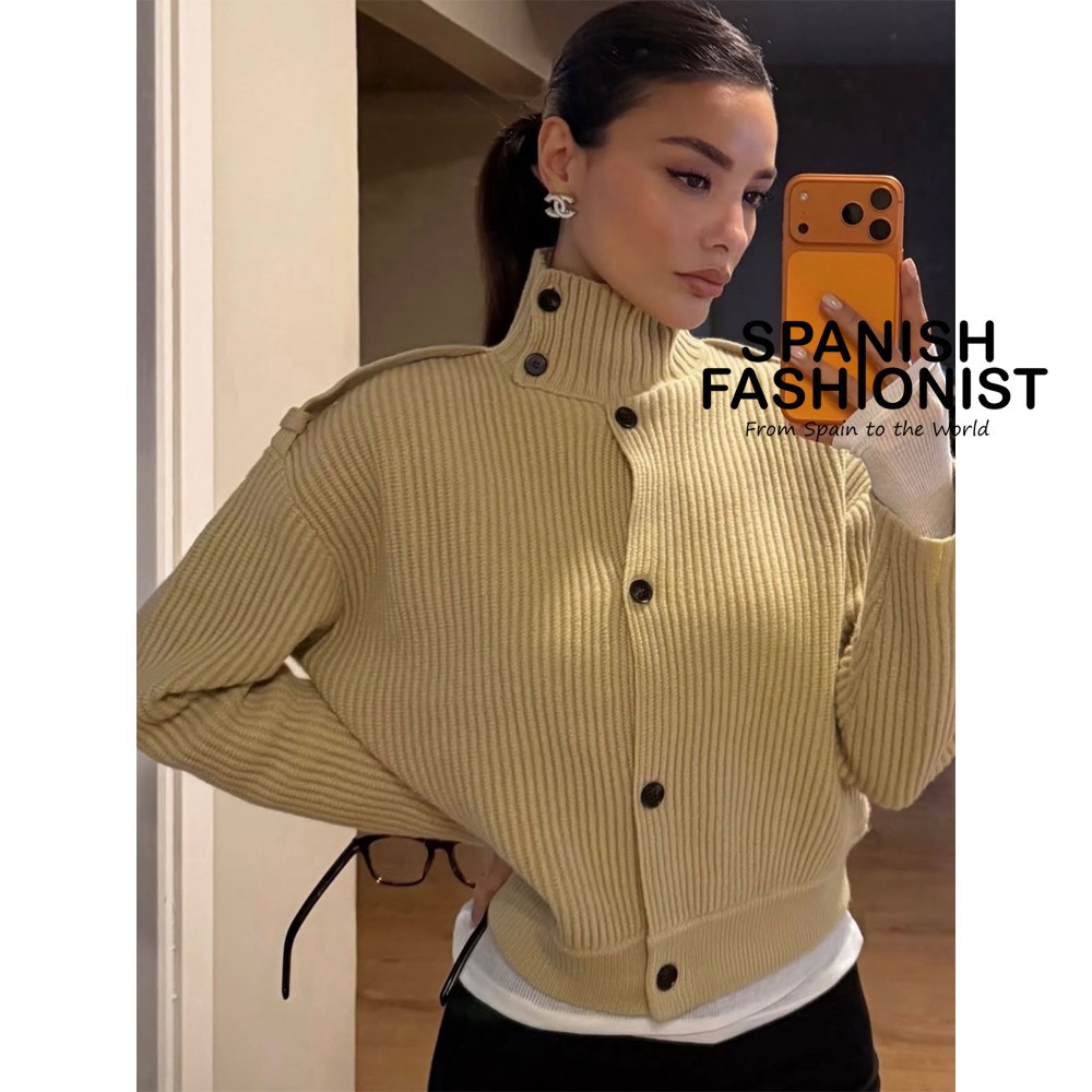 MASSIMO DUTTI FW25 OLIVE GREEN 100% wool turtleneck knit cardigan