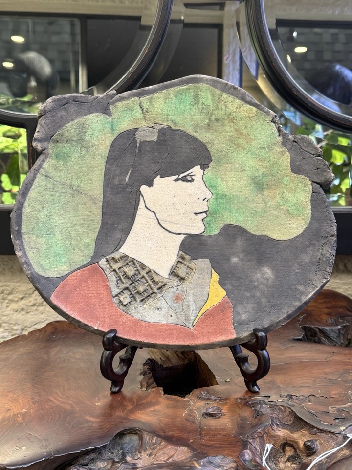 Female Portrait Brutalist Plaque Studio Craft Plate Mixed Media Folk Art OOAK