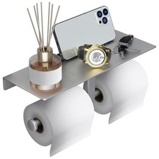 Bathroom Toilet Paper Holder with Shelf, Wall Mount, Double Roll, Silver