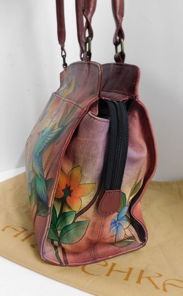 Bolso de Hombro Grande Anuschka Pintado a Mano Floral Pájaro Multi Compartimento Foto 4 de 4