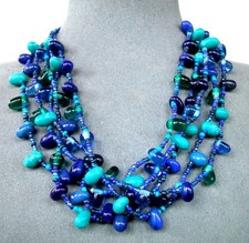 Five-Strand Blue Turquoise Glass Bead Necklace Stretch Bracelet Earrings