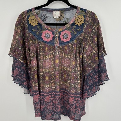 Postage Stamp Blouse Women XS Multicolor Sheer Floral Embroidered Boho Top