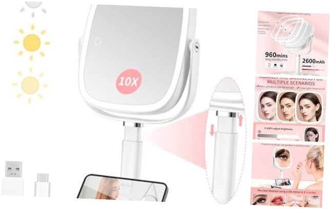 LED Vanity Mirror with 1X/10X Magnification, 2600mAh Rechargeable Battery-image