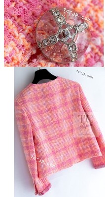 CHANEL 24C Pink Orange Collarless Runway Tweed Jacket COCO Buttons