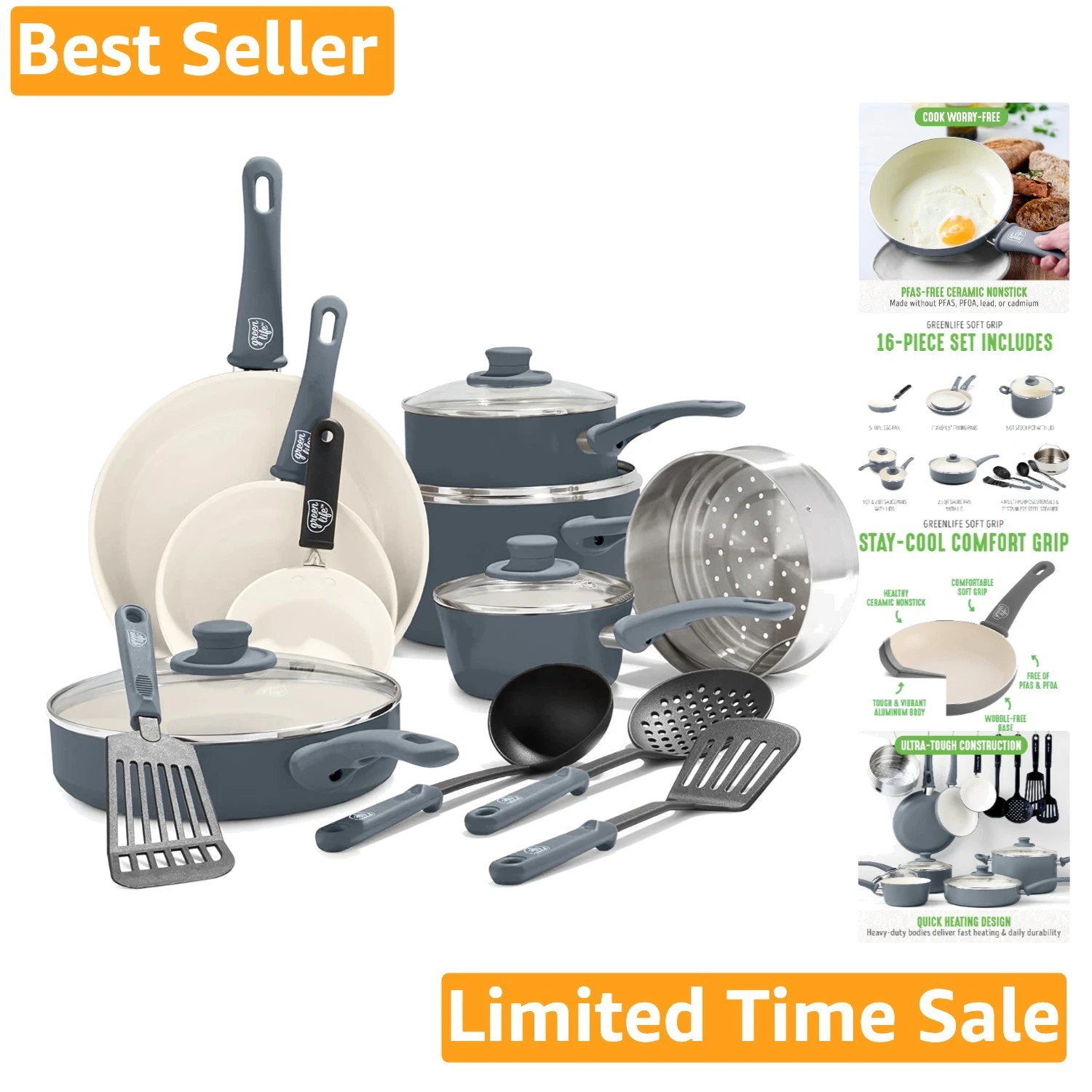 Soft Grip 16-Piece Cookware Set - Dishwasher Safe & Includes All Essential Pots