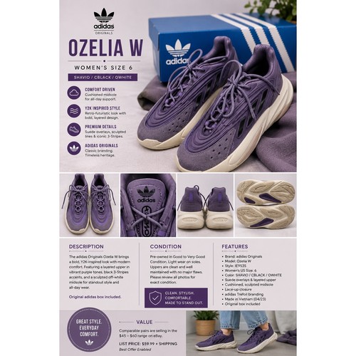 Adidas Originals Ozelia Women's Size 6 Purple Violet Black Chunky Sneakers