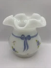 VTG:FENTON  Hand Painted and Signed Frosted Vase Lovely Delicate Flowers 4" Tall