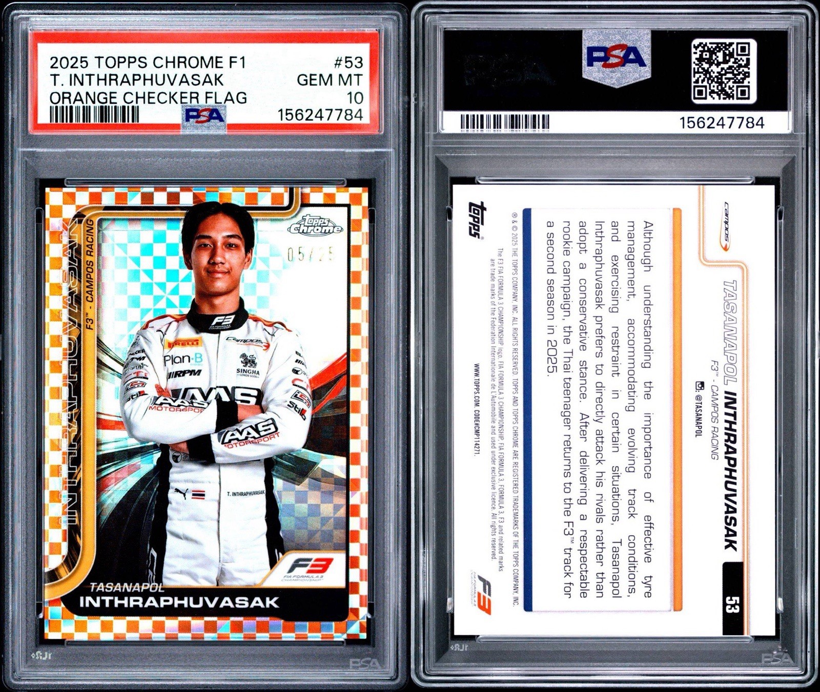 2025 Topps Chrome F1 #53 Tasanapol Inthraphuvasak /25 Orange Checker Flag PSA 10 view 3