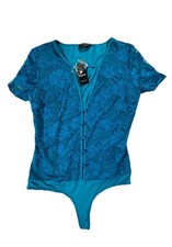 Bebe Lace Bodysuit Womens Small Deep Lagoon Floral Short Sleeve Button Front NEW
