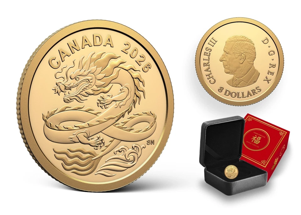 LUCKY DRAGON 2026 CANADA 1/20oz .9999 Pure 24k Gold Proof $8 Coin - Image 4 of 4