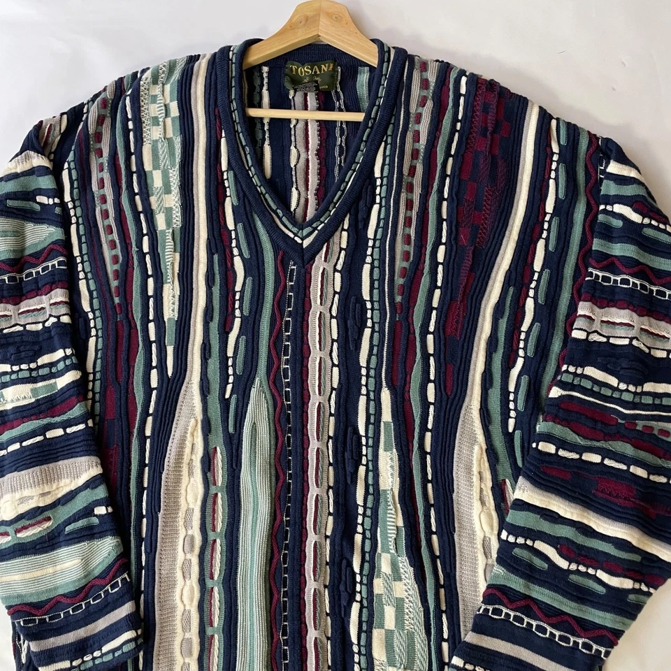 VTG Tosani Sweater Coogi Style V-Neck 3D Cotton Knit 90s Colorful Biggie 2XL - Image 2 of 4