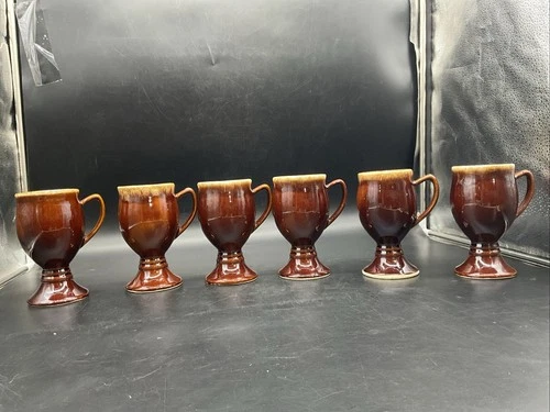 6 Vtg Hull Pottery Brown Drip Glaze Footed Irish Coffee Mugs 6 1/4” T
