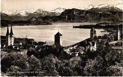 Luzern Switzerland Hofkirche, Museggturme, und die Alpen RPPC Postcard Posted