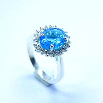 Swiss Blue Topaz 8x10mm Oval Faceted Handmade Ring With AAA Quality White Topaz