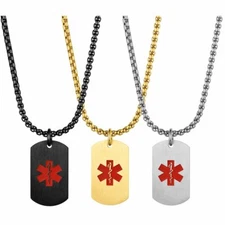 Mens Stainless Steel Medical Alert Dog Tag Pendant Necklace Chain Free Engraving