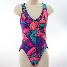 Sessa Women's VTG One piece Swimsuit size 8 High Cut Bright Pink Purple Teal