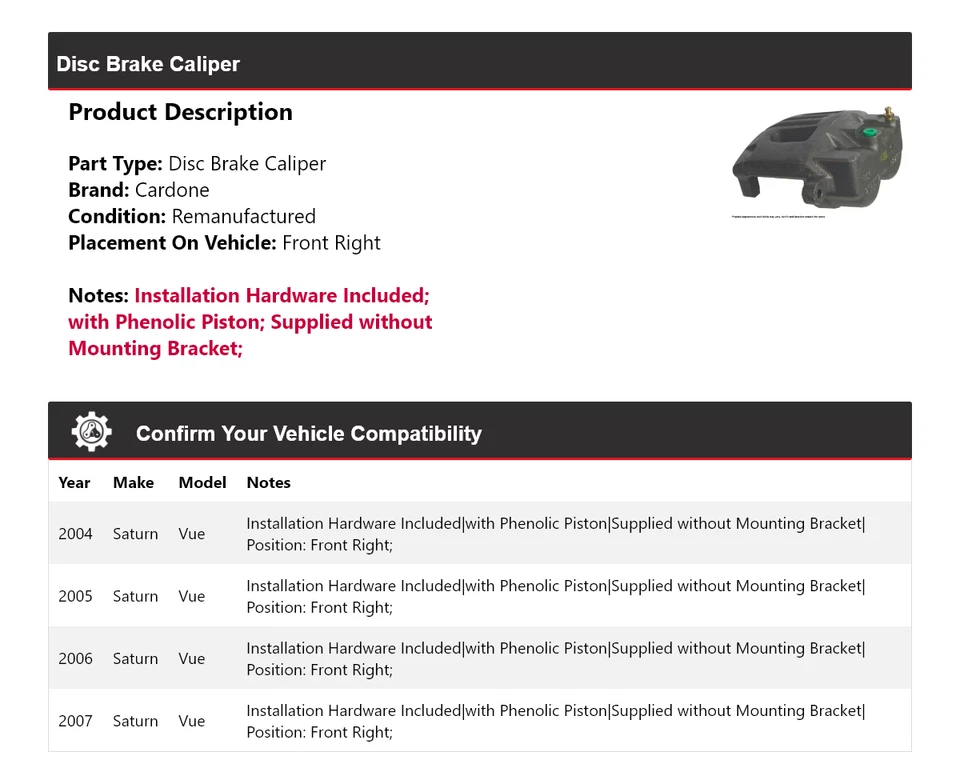 Pinza de freno de disco delantera derecha Cardone 2005 2006 Saturn Vue 2004-2007 Foto 2 de 4
