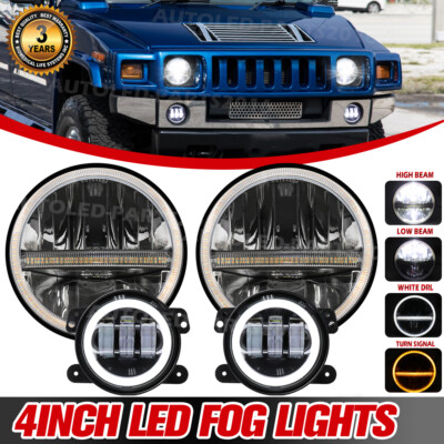 For Hummer H1 H2 H3 2006-2010 2X 7'' Round LED Headlights & 4'' Fog Lights Black