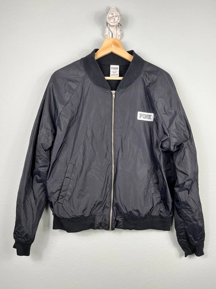 Chaqueta Bomber ROSA Victoria’s Secret Para Mujer Negra Manga Larga Cremallera Completa Talla L Foto 2 de 4