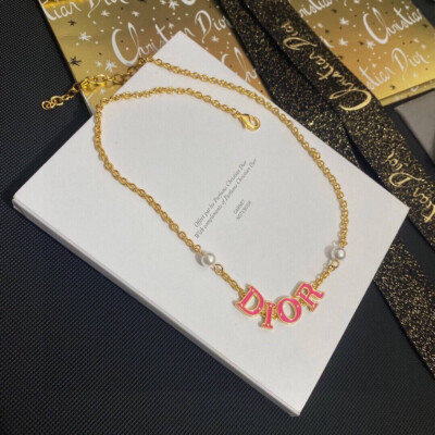 DIOR pink letter Small Pearl chain necklace gold plated | eBay