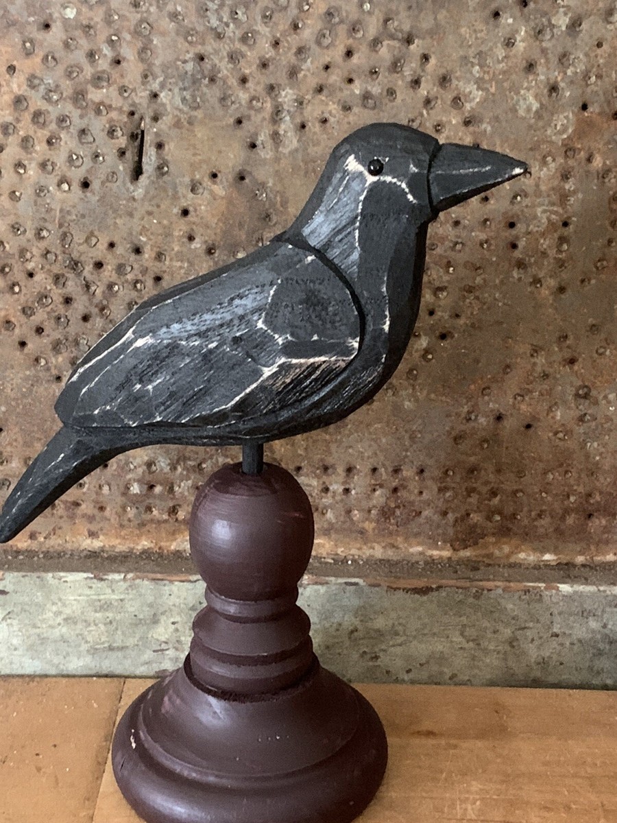 Grubby Primitive carved Wood Crow Raven Pedestal Spindle Halloween