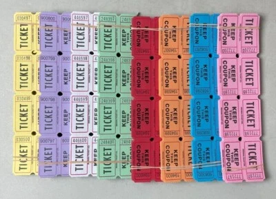 ITC 500 Raffle Tickets 50/50 Double Stub Split the Pot 8 Colors 1/4 Roll Folded Flat